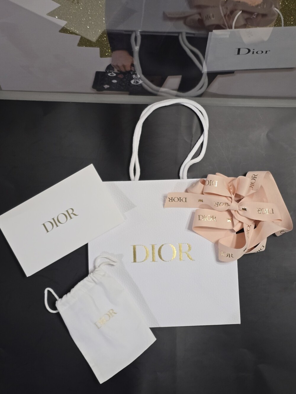 Dior White Tote Shopping Bag Gold Logo Small Dust Bag Peach Ribbon & Card Bundle